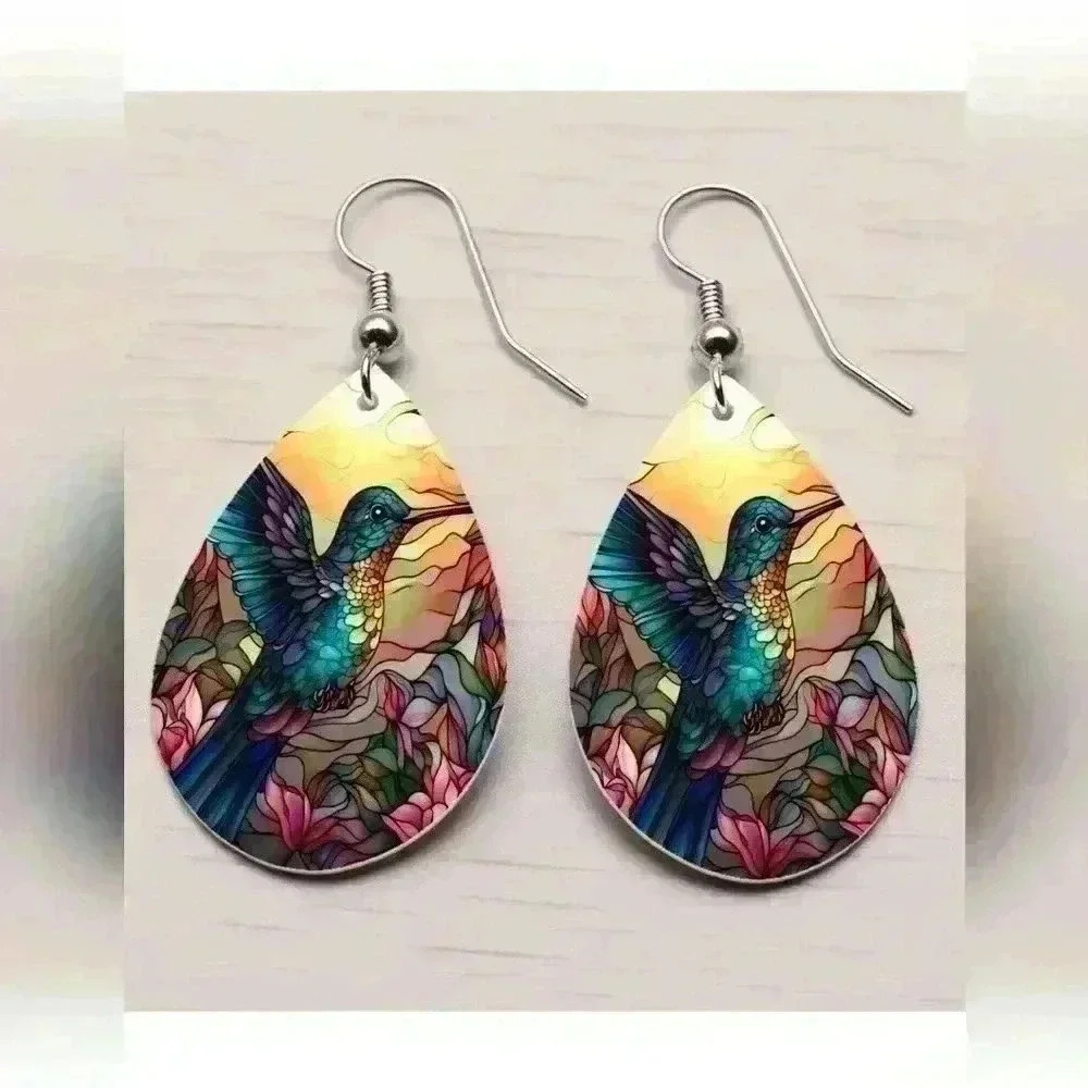 Southwestern collection stained glass printed tear drop pendant earrings